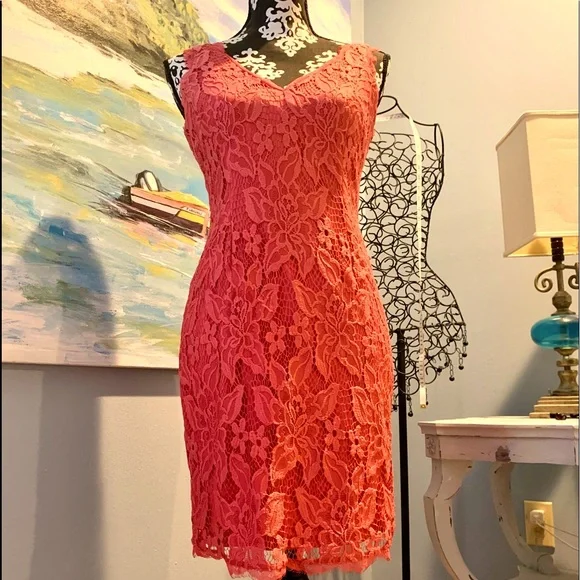 Adriana Papell Coral Lace Over-Lay Dress - Picture 2 of 7